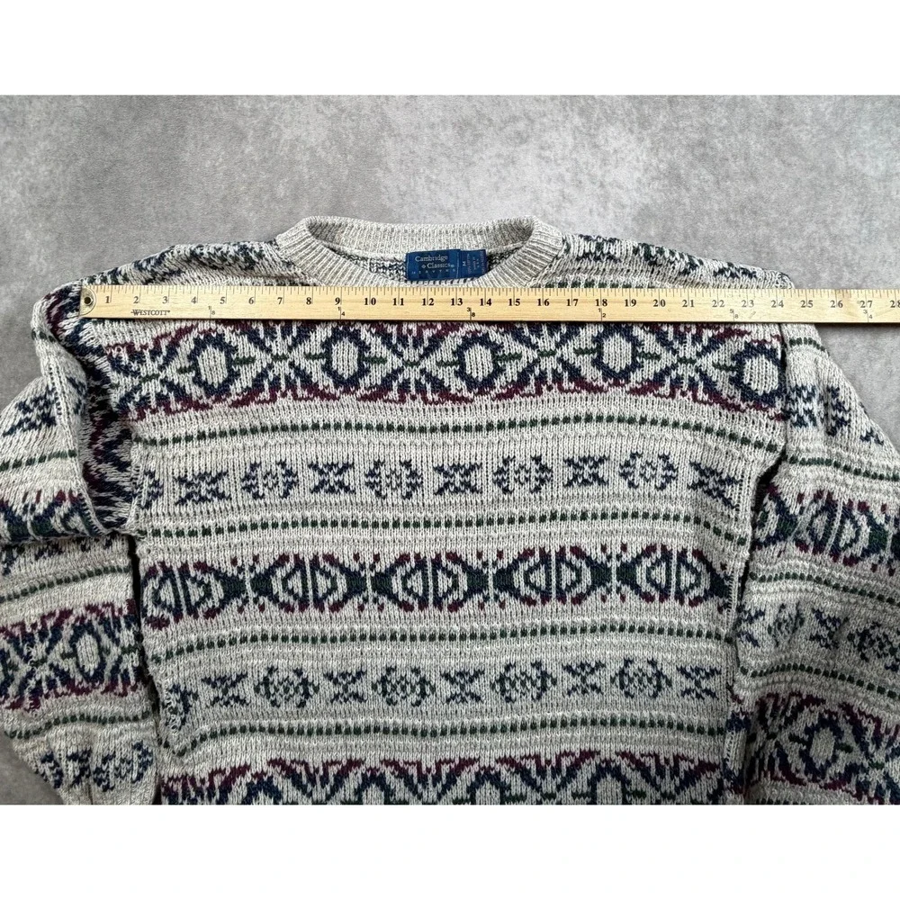 Cambridge Classics Vintage 90s Mens Medium Sweater Gray Fair Isle Ramie Cotton